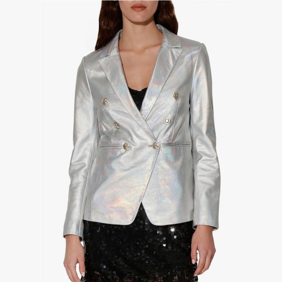 NEW Walter Baker Size S, Marley Double Breasted Metallic Leather Blazer Hologram - Picture 2 of 4